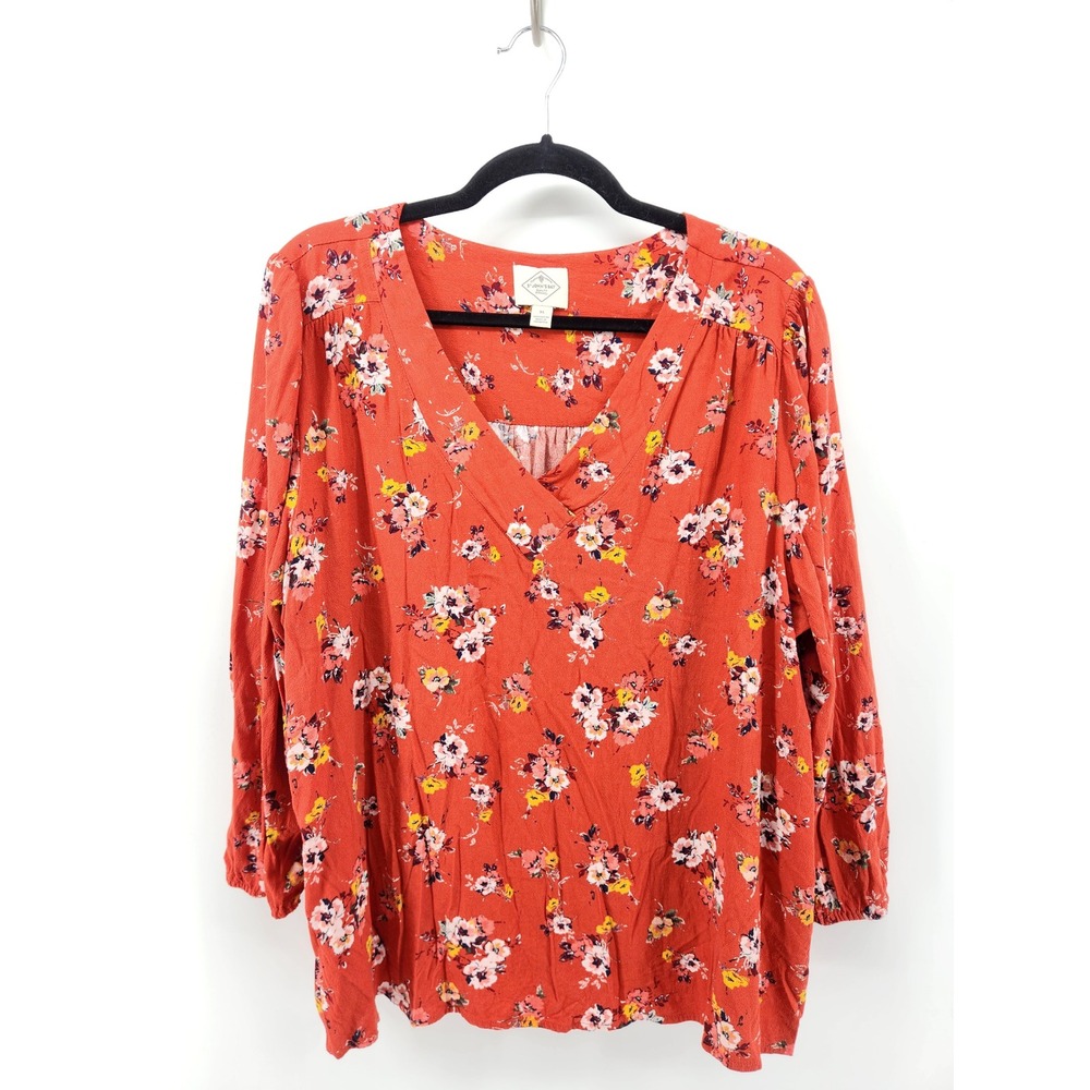 St John's Bay Floral Print Blouse Top Orange V Neck 3/4 Sleeve XL